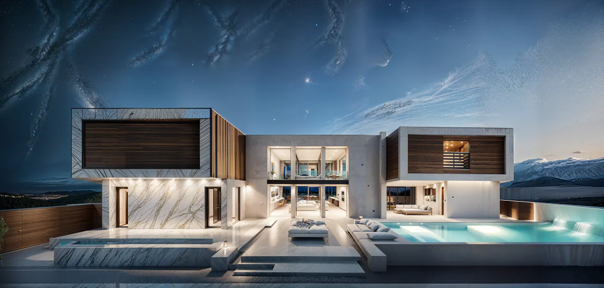 AI exterior architecture render — modern residential facade